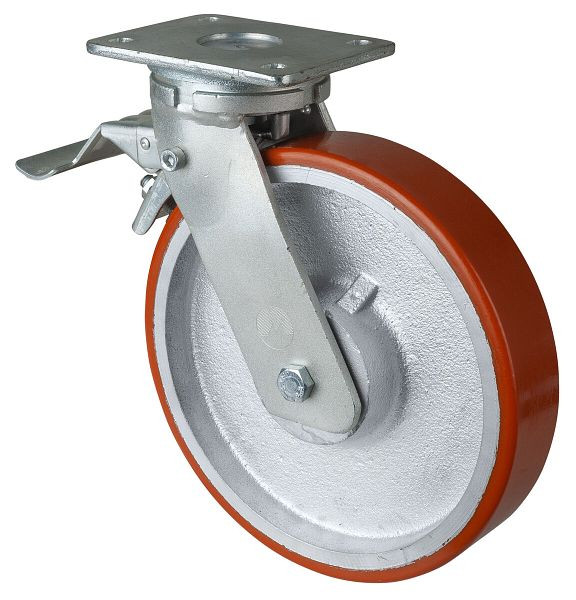 BS-wielen Zwaarlastwiel met wiel/slot, breedte 50 mm, Ø250 mm, tot 1300 kg, polyurethaan gegoten 95 Shore A, gegoten lichaam, kogellagers, RR120.C10.250