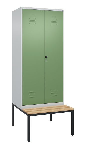 C+P luierkastje Classic PLUS, 2 vakken, 2120x800x815mm, 7035/6011, draaigrendel, met onderbank, beukenhouten zitlat, 0800527-22P S10006