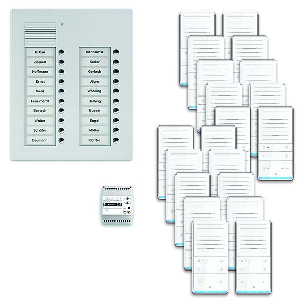 TCS deurbedieningssysteem audio: pack UP voor 20 wooneenheden, met buitenstation PUK 20 belknoppen 2-koloms, 20x handsfree luidspreker ISW5031, bediening, PAUF202 / 001