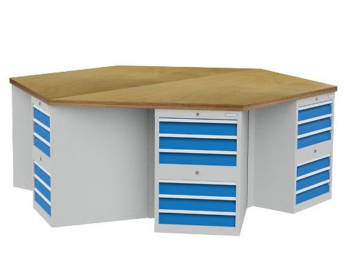 Bedrunka+Hirth 6-hoek werkbank, breedte 2500mm, 6 x ladekast, afmetingen in mm (BxDxH): 2500 x 2165 x 859, aantal lades: 36, 03.66.2.111V