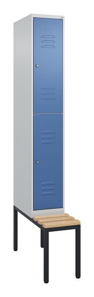 C+P dubbeldekkerkast Classic PLUS, 2120x300x815mm, 7035/5023, cilindersloten, beukenhouten zitlatten, met zitbank eronder, 0803507-10 S10095