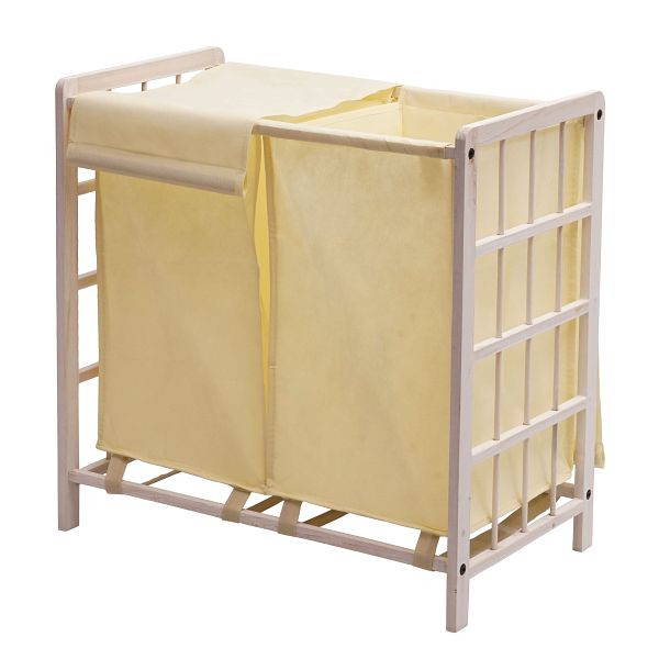Mendler wasmand HWC-B60, Wasmand, massief hout 2 vakken 60x60x33cm 68l, shabby white, deksel creme, 75534