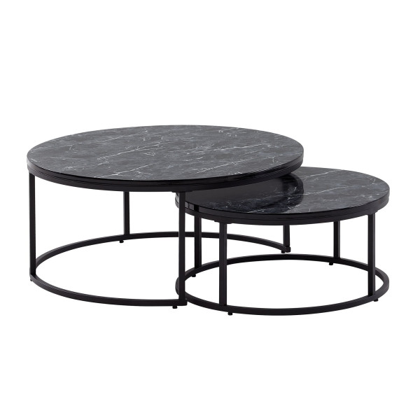 Wohnling salontafel set van 2 zwarte marmerlook salontafel rond modern, bijzettafel 2-delig metaal, ronde woonkamertafels, design nesttafels, WL6.506
