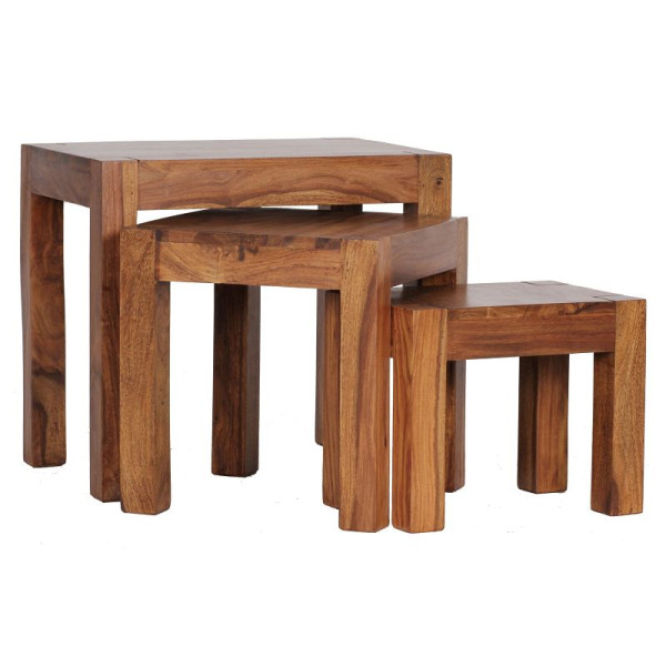 Wohnling set van 3 bijzettafels MUMBAI massief hout sheesham landhuisstijl, donkerbruin natuurlijk hout, WL1.212