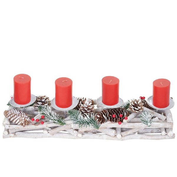 Mendler Adventskrans langwerpig, Kerstdecoratie Adventsarrangement, hout 11x15x50cm witgrijs, met kaarsen, rood, 56574
