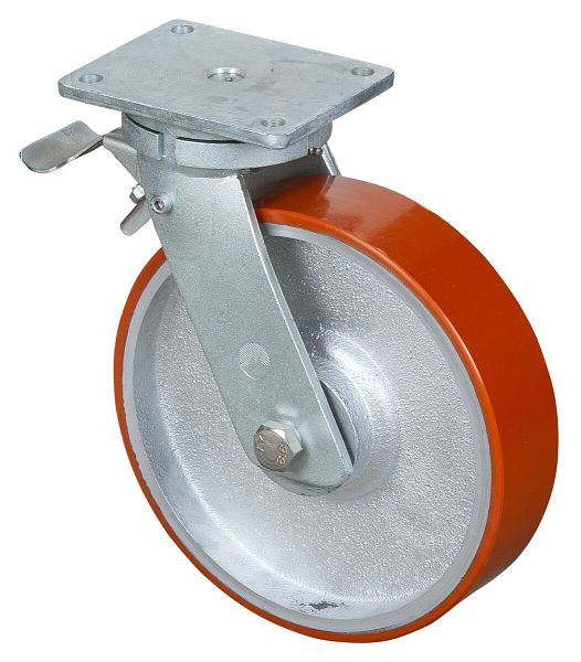 BS Wielen Zwaarlastwiel met wiel/slot, breedte 75 mm, Ø300 mm, tot 2000 kg, polyurethaan gegoten 95 Shore A, gegoten lichaam, kogellagers, RR120.C10.300