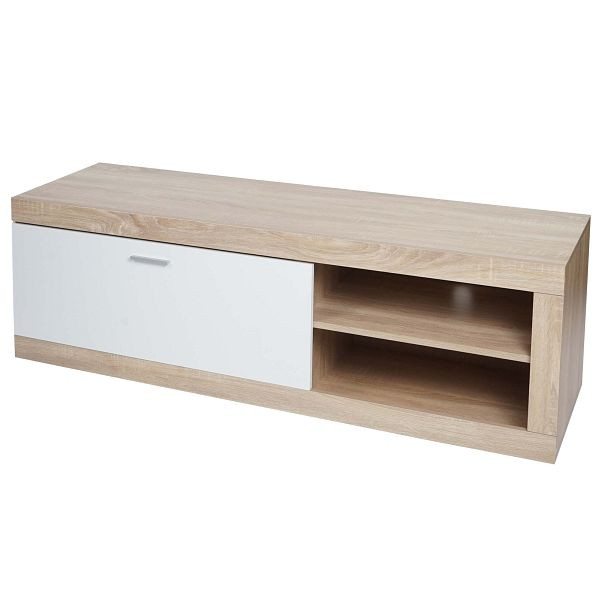 Mendler TV rek HWC-L33, TV board, TV tafel, lowboard, TV meubel, ladekast, hout 43x140x41cm, opbergvak, eiken look, wit, 98489