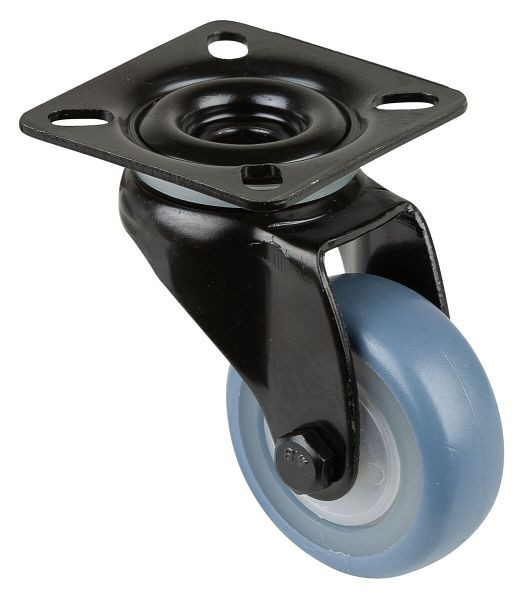 BS Castors Zwenkwiel zwart, thermoplastisch rubber wiel lichtblauw, natuurlijke velg, kogellager, plaat, diameter: 50 mm, VE 8 stuks, A800.A85.050.05