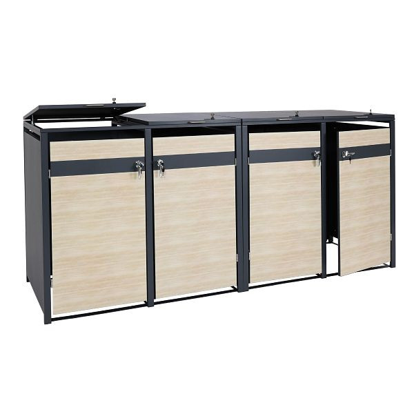 Mendler HWC-J82 4er rolcontainer bekleding, rolcontainer box, uitbreidbaar, metaal 100kg, antraciet, lichtbruin beukenhout look, 2x83357+2x83358