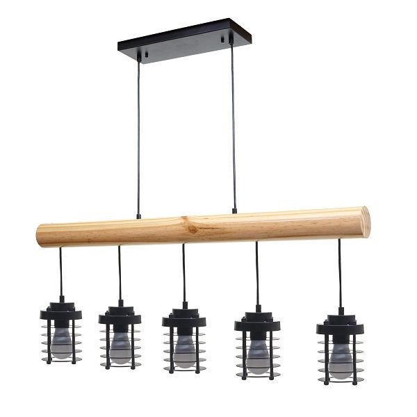 Mendler hanglamp HWC-H83, hanglamp hanglamp, industrieel vintage massief hout metaal zwart, 5 kooi lampenkappen, 74213
