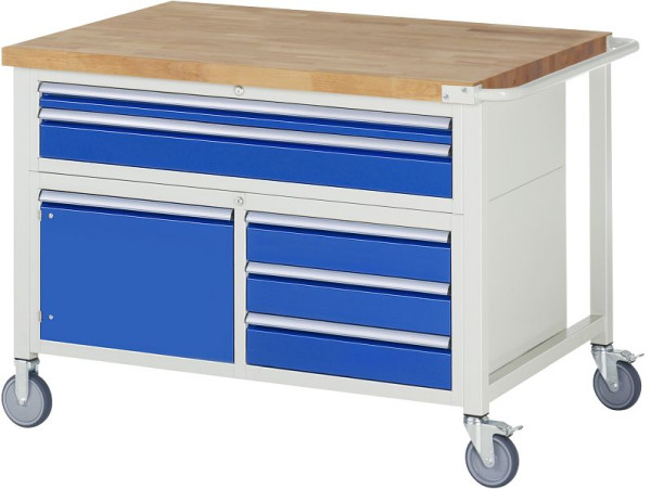 RAU verrijdbare werkbank model 8922, 1250x900x920-1120mm, boven: 60, 120mm, linksonder: draaideur, rechtsonder: 3x120mm, 05-8922A2-129B4H.11