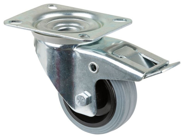 BS rollen transportrol met rem, breedte 35 mm, Ø80 mm, tot 50 kg, grijs rubberen loopvlak, rollager, plaat, VE 4 stuks, L420.B46.080