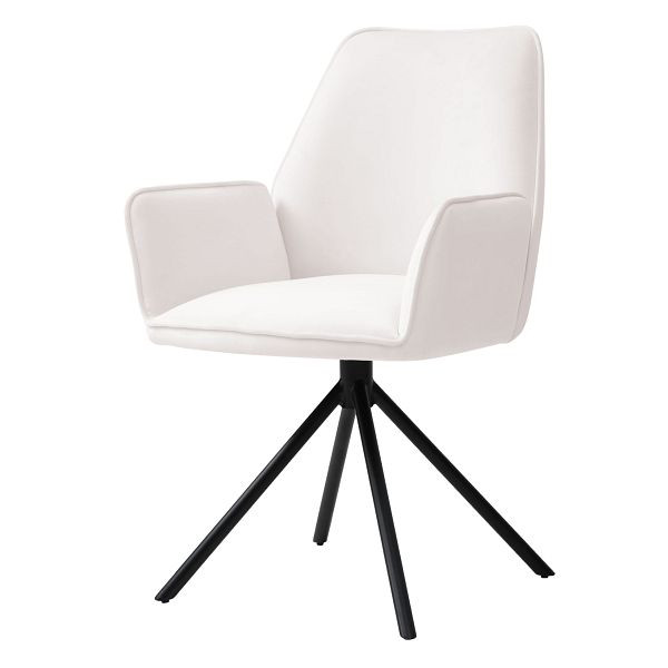 Mendler eetkamerstoel HWC-G67, keukenstoel met armleuningen, draaibare auto-position, fluweel, creme-beige, zwarte poten, 75728