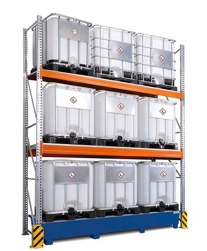 DENIOS palletstelling voor gevaarlijke stoffen, basisveld, 3 opslagniveaus, gelakte opvangbak, 3500 x 1300 x 4400 mm, 305418