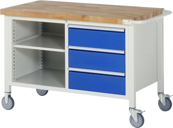 RAU verrijdbare werkbank 8000 - model 8462, B1250xD700xH880-1080mm, dubbele bodembak, legbord links, laden 3x180mm rechts, 05-8462A2-127B4H.11