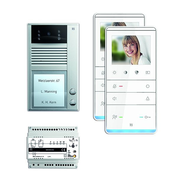TCS deurbediening video: pack AP voor 2 wooneenheden, met voordeurstation AVC 2 belknoppen, 2x video handsfree luidspreker IVW5111, besturing, PVC1321-0010