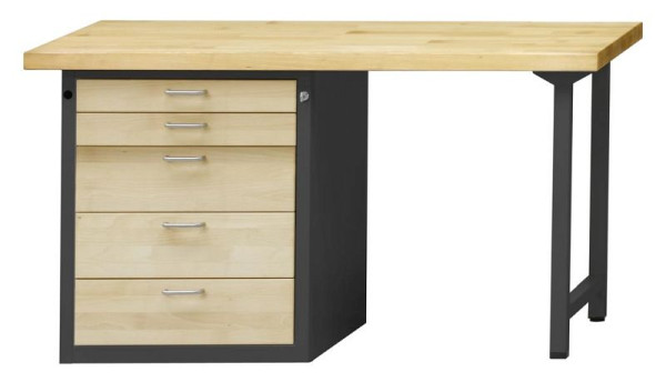 ANKE combinatie werkbank; 1500x700mm; Beuk massieve plaat; Linker onderkast 660x615 mm, 5 laden 90, 90, 180, 180, 180 mm