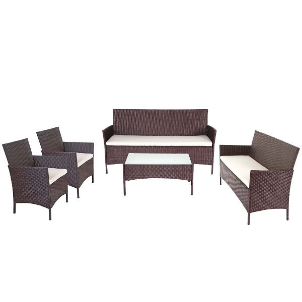 Mendler Halden 3-2-1-1 poly rotan tuinset, loungeset, sofa, bruin gemêleerd, creme kussens, 64284+52037+52033+52040