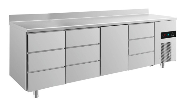 A&S Polarny koeltafel -2 tot +8°C met 1x deur midden rechts en 3x drie laden, 2330 x 700 x 850 mm, met opstaande rand, KT4DDTDA
