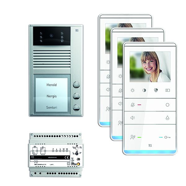 TCS deurbesturing video: pack AP V2D voor 3 wooneenheden, met voordeurstation AVC 3 belknoppen, 3x video handsfree luidspreker IVW5211, voeding, PVC2330-0010