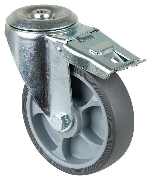 BS rollen transportwiel zwenkwiel met rem, thermoplastisch rubber wiel grijs, rollager, diameter: 160 mm, verpakking: 2 stuks, L121.B44.161