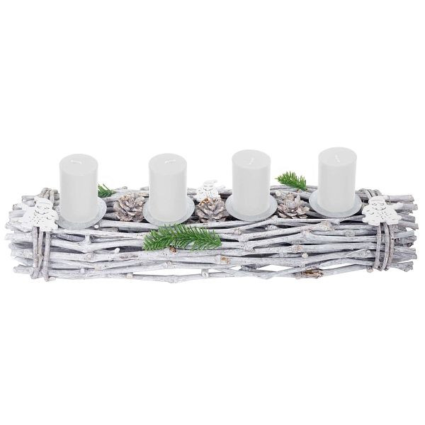 Mendler Adventskrans langwerpig, Kerstdecoratie Adventsarrangement, hout 60x16x9cm witgrijs, met kaarsen, wit, 56668