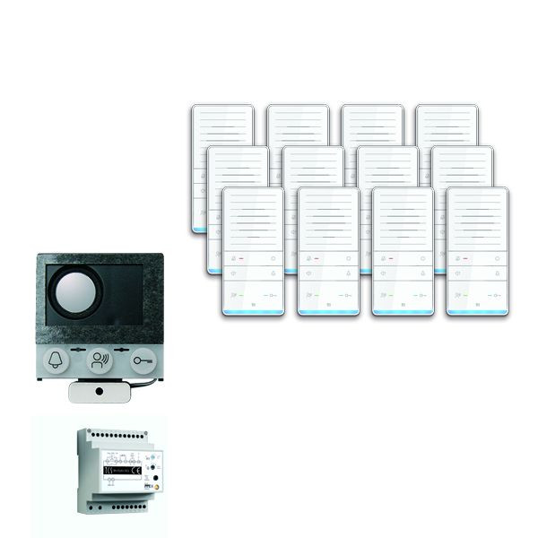 TCS deurbedieningssysteem audio: pakketinstallatie voor 12 wooneenheden, met ingebouwde luidspreker ASI12000, 12x handsfree luidspreker ISW5031, bedieningseenheid BVS20, PAIF120 / 002