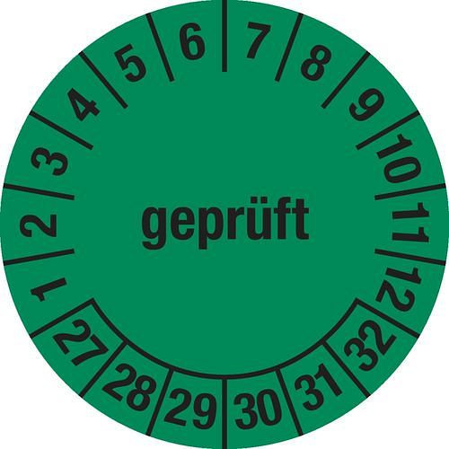 DENIOS teststicker "getest", 27 - 32, groen, folie, zelfklevend, 30 mm, verpakking: 5 vellen à 15 stuks, 290222
