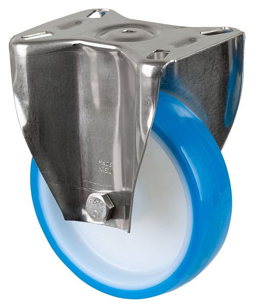 BS rollen RVS transportrol, vaste rol, breedte 40 mm, Ø150 mm, tot 200 kg, polyurethaan blauw, wiellichaam kunststof, glijlager, plaat, H110.B32.150