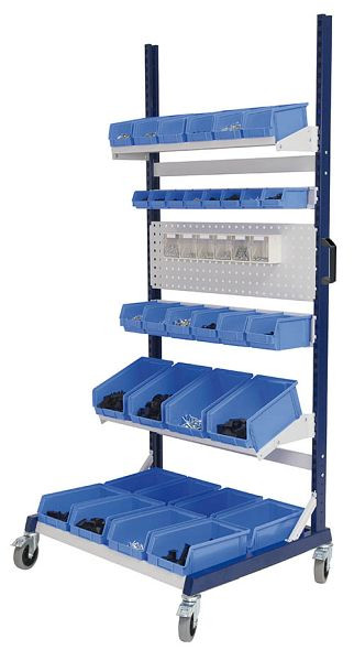 Bedrunka + Hirth werkraster-Mobil enkelzijdig, 1x geperforeerde wand, 2x containerdragers, 2x planken, afmetingen in mm (BxDxH): 1000 x 800 x 2198, 07.8310.01