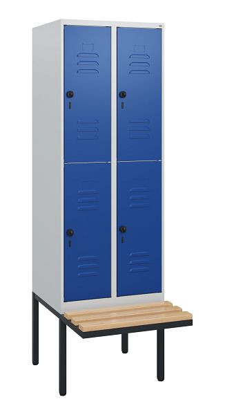 C+P Doppelstöckiger Spind Classic PLUS, 2 Abteile, 1950x600x815mm, 7035/5010, Drehriegel, Sitzleisten aus Buche, schwebende Sitzfläche, 0803405-20 S10003