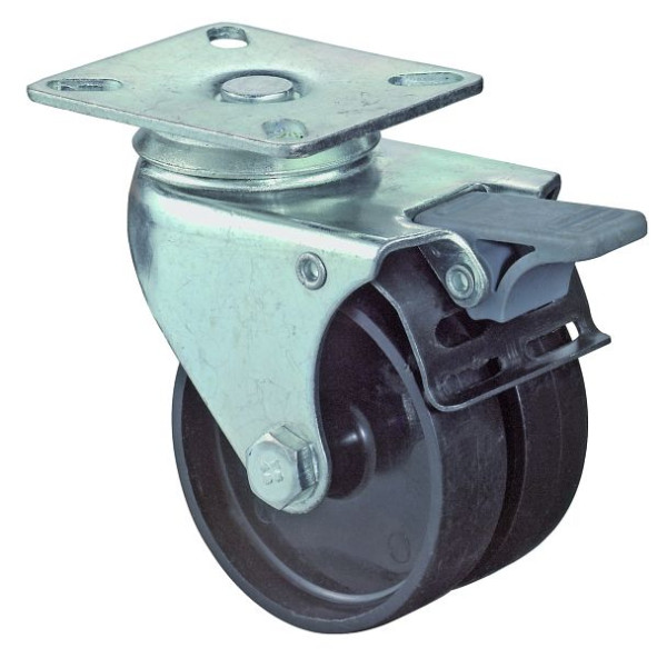 BS rollenapparaat dubbele rol met rem, B2x23 mm, Ø75 mm, tot 100 kg, zwart kunststof oppervlak, glijlager, VE 4 stuks, B120.A90.076