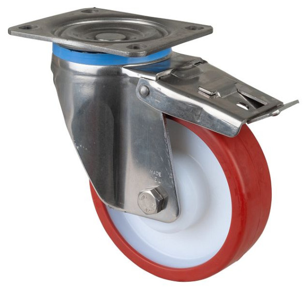 BS Wielen RVS zwaarlastwiel met rem, B45 mm, Ø150 mm, tot 450 kg, rood polyurethaan oppervlak, rollager, HS120.B28.151