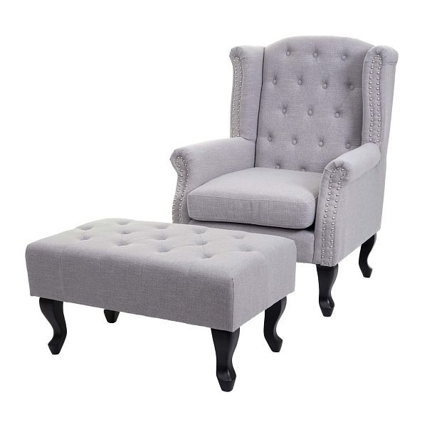 Mendler Chesterfield fauteuil, lounge chair, clubfauteuil, oorfauteuil, waterafstotende stof/textiel, grijs met poef, 69725+69726+69727