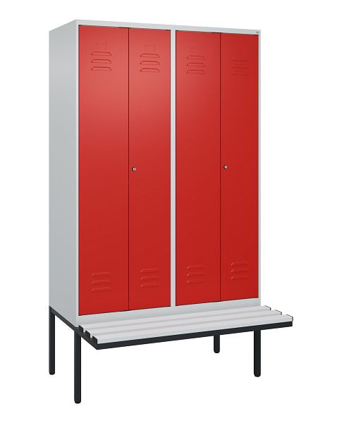 C+P Umkleidespind Classic PLUS SW, 4 Abteile, 2120x1200x815mm, 7035/3020, Zylinderschlösser, Untergestell & Sitzfläche, 0800427-40 S10017