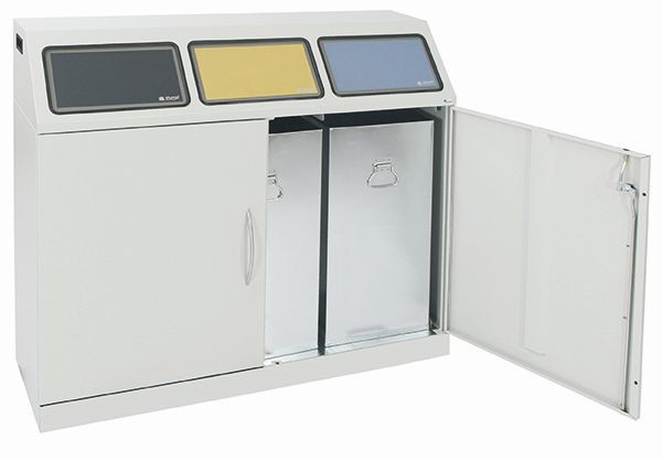 Stompafval scheiden Flex-M driedubbel inzamelstation met binnenemmers en voethendel, ProPads in blauw, geel en antraciet, 660-075-3-2-735