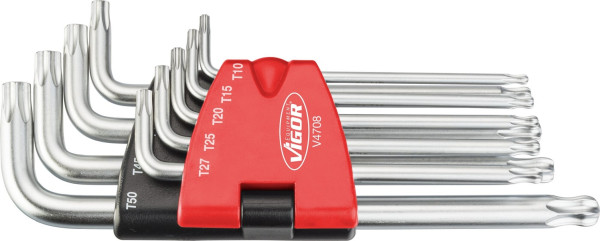 VIGOR TORX® haakse schroevendraaierset, binnen TORX® profiel, T10, T15, T20, T25, T27, T30, T40, T45, T50, aantal gereedschappen: 9, V4708