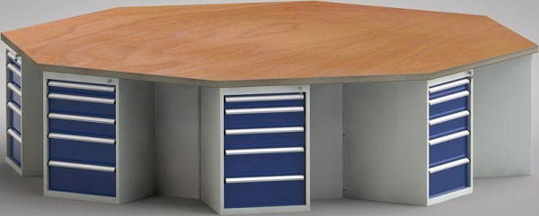 KLW standaard werkbank in achthoekige vorm met beuken multiplex blad in achthoekige vorm 3259 x 3259 x 40 mm L x B x S, WS670N-1350M40-E8005