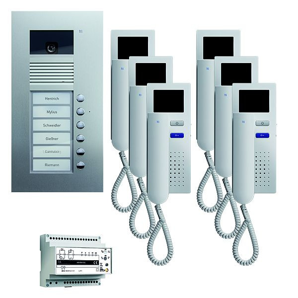 TCS deurbediening video: pack UP voor 6 wooneenheden, met voordeurstation AVU 6 belknoppen, 6x videodeurtelefoon IVH3222, bediening, PVU1660-0010