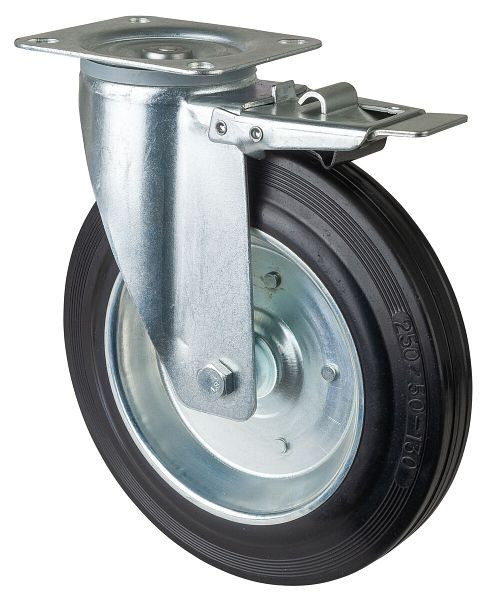 BS rollen transportrol met rem, breedte 50 mm, Ø250 mm, tot 250 kg, zwart rubber, wiellichaam stalen velg, rollager, plaat, L420.B55.250