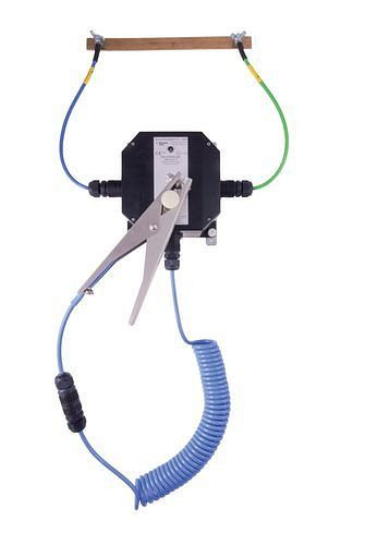 DENIOS aardingswandstation met LED-afstandsdisplay, 5 m kabel met RVS tang HD 235 mm, batterij, Atex, 201366