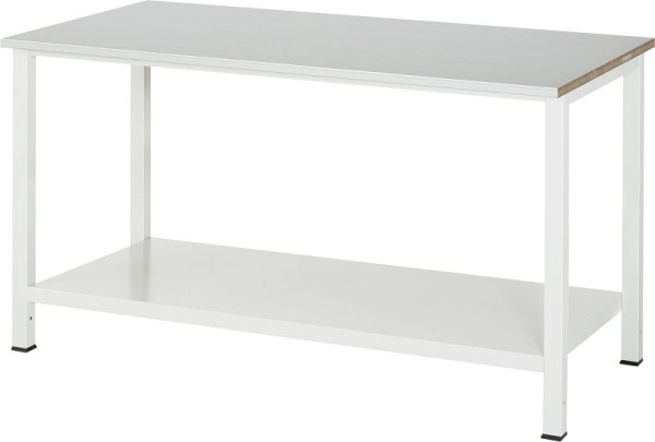 RAU werktafel serie 900, B1500 x D800 x H825mm, werkblad met RVS plaatbekleding, dikte 25mm, met planchet onder, diepte 650mm, 03-900-6-ES25-15.12