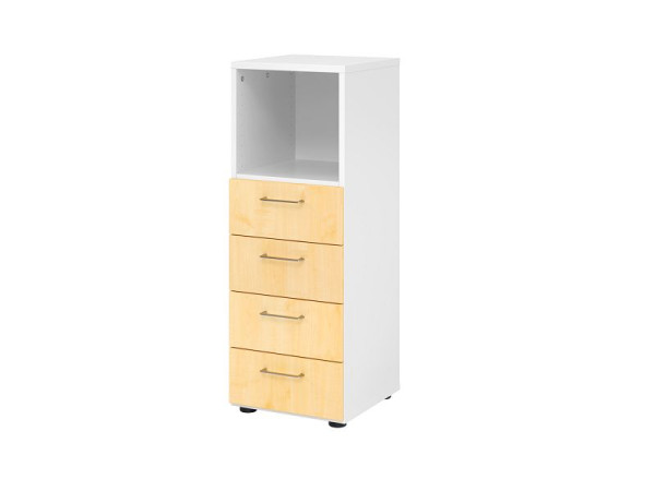 Hammerbacher ladekast 3OH, 4 laden 934S4 BS, romp: wit / voorkant: esdoorn, 40x41,7x110 cm (BxDxH), 4 laden, metalen handgreep BS, V934S4/W/3/BS