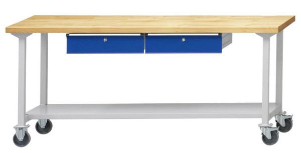 ANKE werktafel; mobiel; 2000x700 mm; RAL 7035/5010; 2xHängeschublade; 1x opbergvak van 500 mm diep plaatstaal