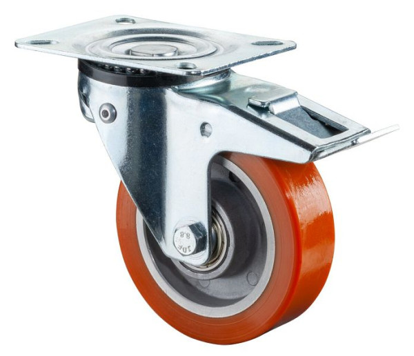BS Wielen Zwenkwiel met rem, polyurethaan wiel, aluminium velg, kogellager, met lastafhankelijke draaiblokkering 360°, L320.B90.100