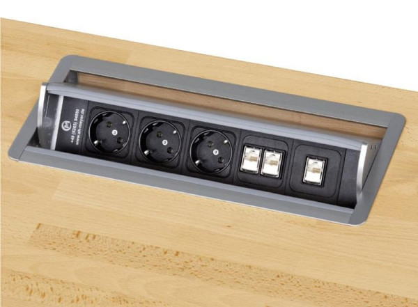 ANKE Media Box intrekbaar in het werkblad; met 2x netwerkverbinding; 3patch-kabel 3500 mm grijs met RJ 45-connector; 3 Schuko-aansluiting, 900.390