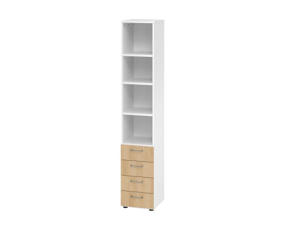 Hammerbacher combikast 6OH, 4 laden 964S4 BS, romp: wit / front: eiken, 40 x 41,7 x 215,6 cm (BxDxH), 4 laden, metalen handgreep BS, V964S4/W/E/BS