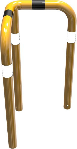 Schak-stootbeschermbeugel 90° gelijkbenig stalen buis Ø 76 mm geel/zwart, totale breedte: 600 mm, hoogte boven de grond: 650 mm, voor inzetting in beton, 477_60BG