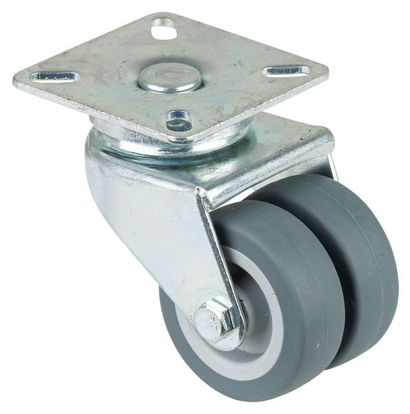 BS rollenapparaat dubbele rol, wielbreedte 2x18 mm, wiel-Ø 50 mm, draagvermogen 60 kg, grijs rubber, glijlager, plaat, VE 4 stuks, B100.A80.050