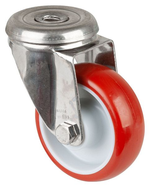BS rollen RVS transportrol, breedte 28 mm, Ø80 mm, tot 100 kg, loopvlak polyurethaan rood, wiellichaam kunststof, glijlager, H101.B26.080